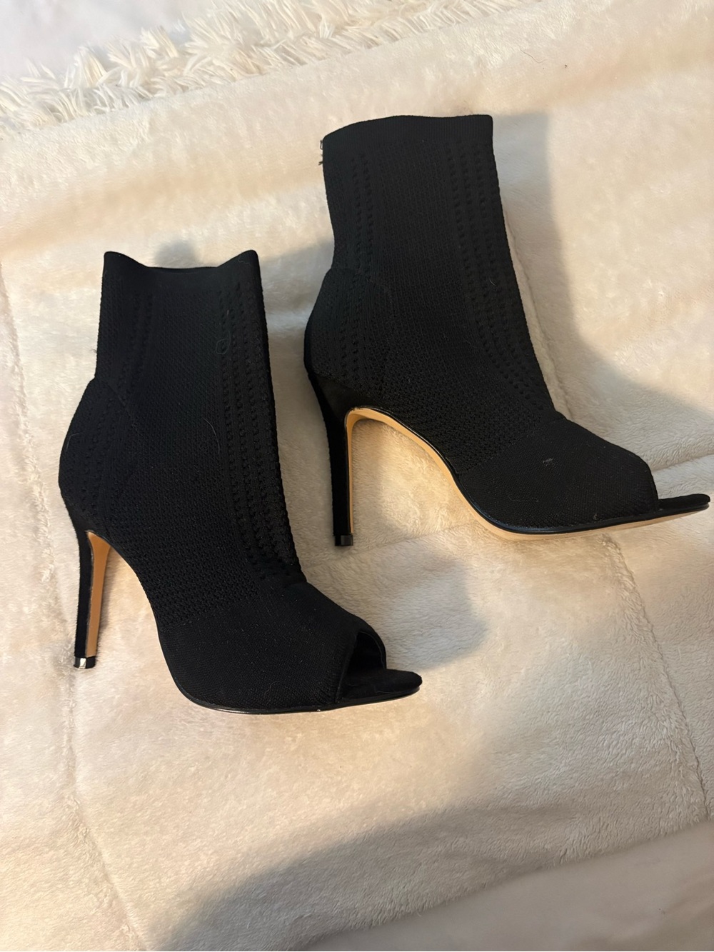 Black Peep-Toe Knit Stiletto Booties - Women